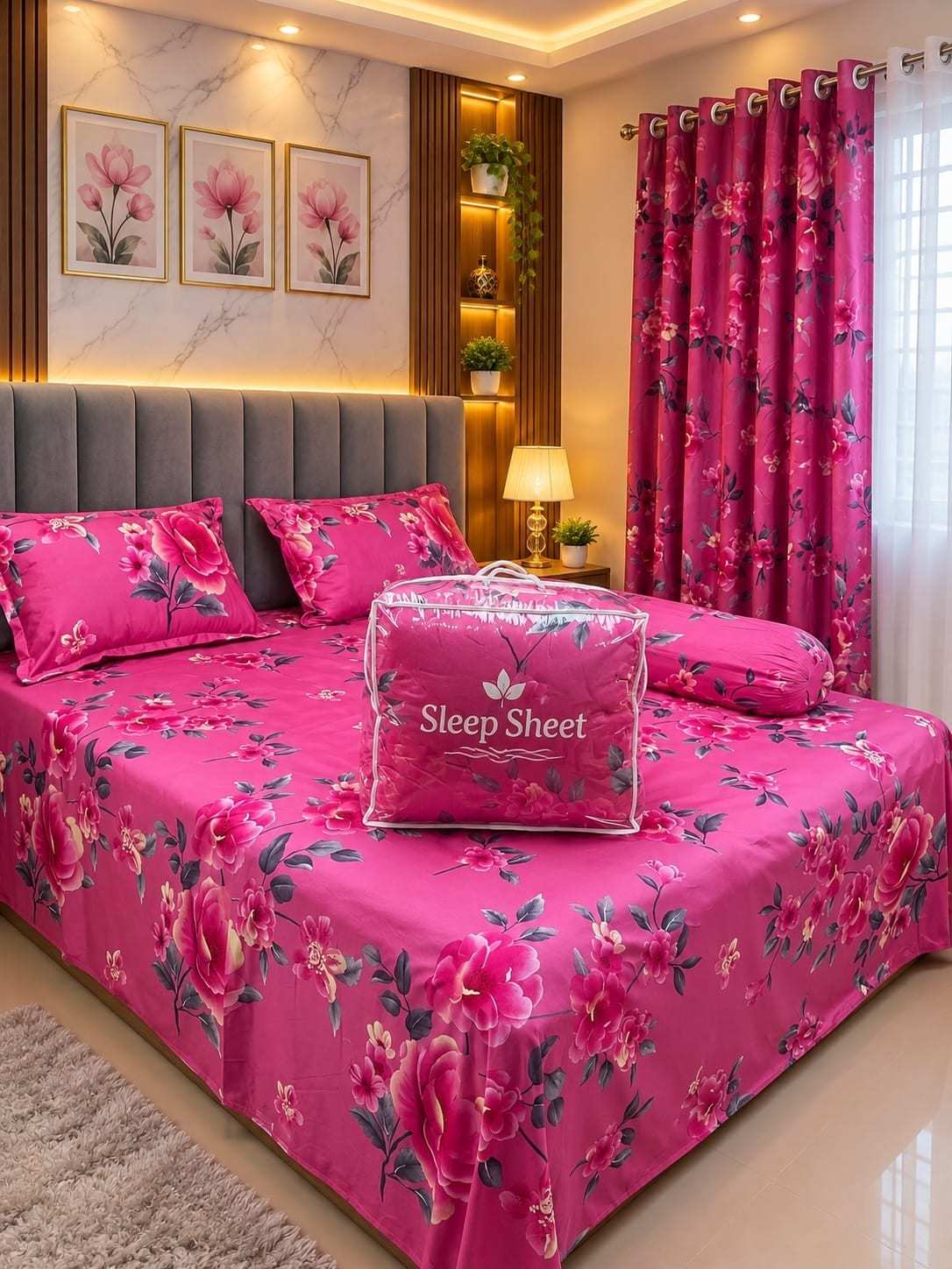 Twill Cotton Comforter Set 5 Pcs – Red Gold Chain Rose