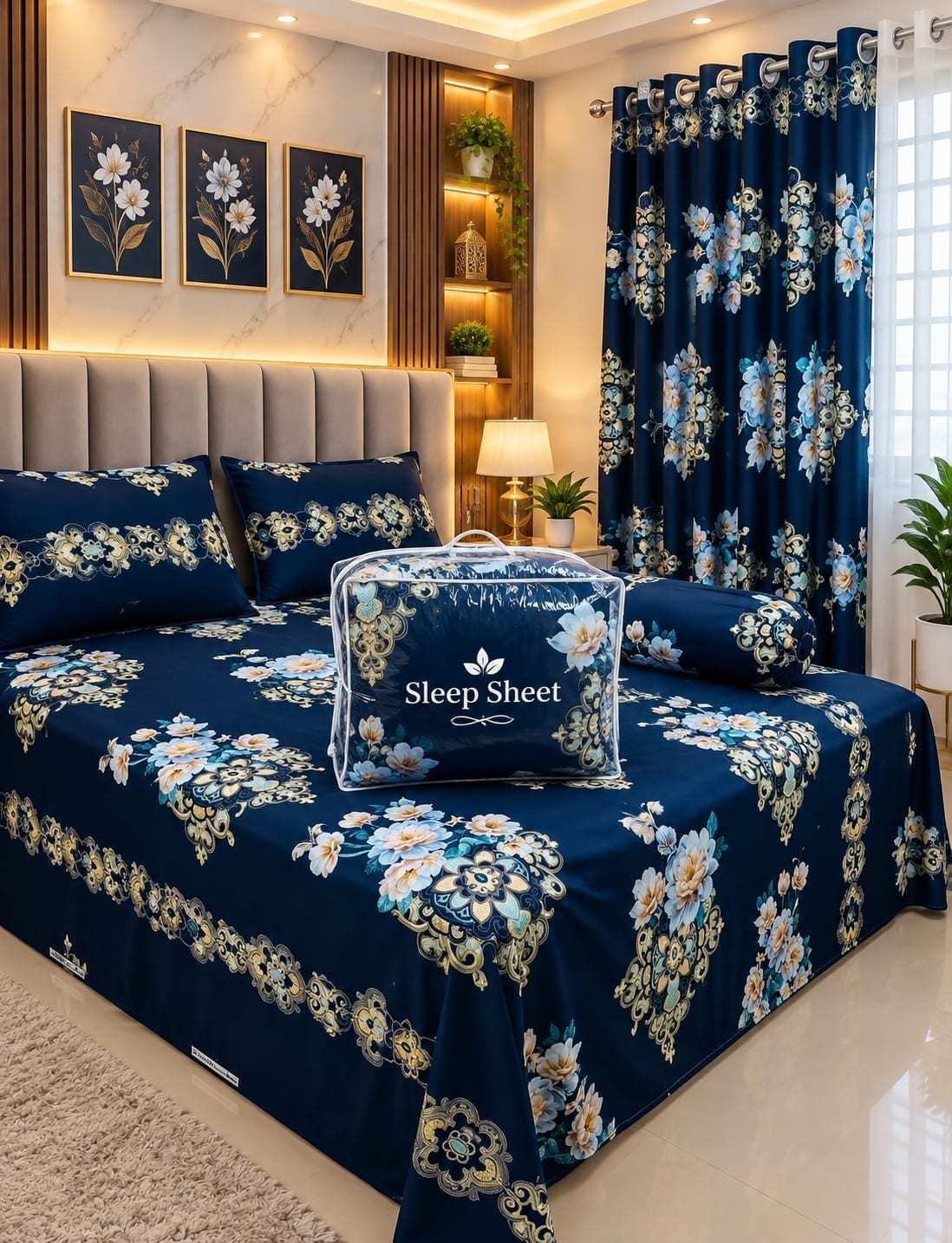 Twill Cotton Comforter Set 5 Pcs – Navy Gold Floral Medallion
