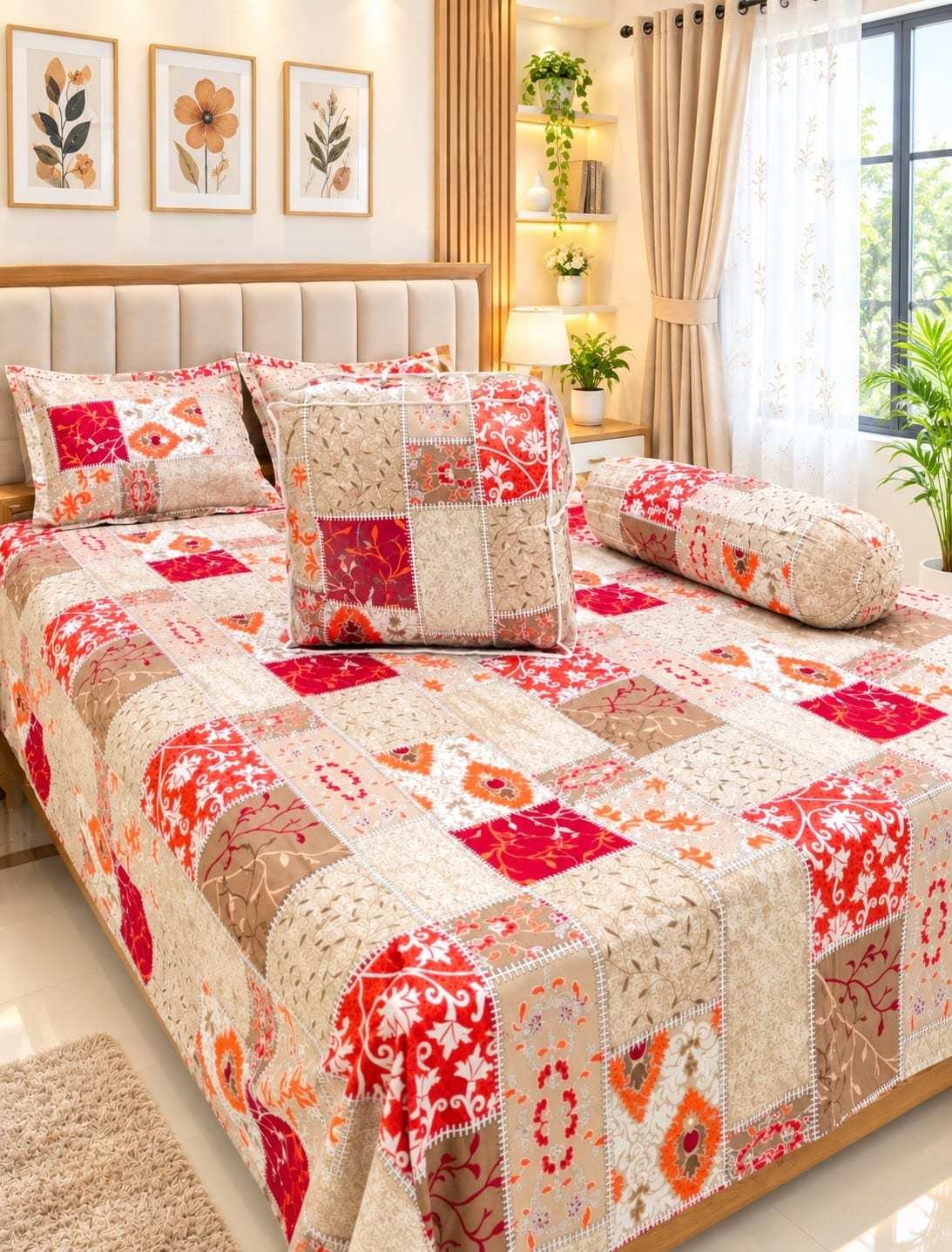 Twill Cotton Comforter Set 5 Pcs – Red Beige Patchwork