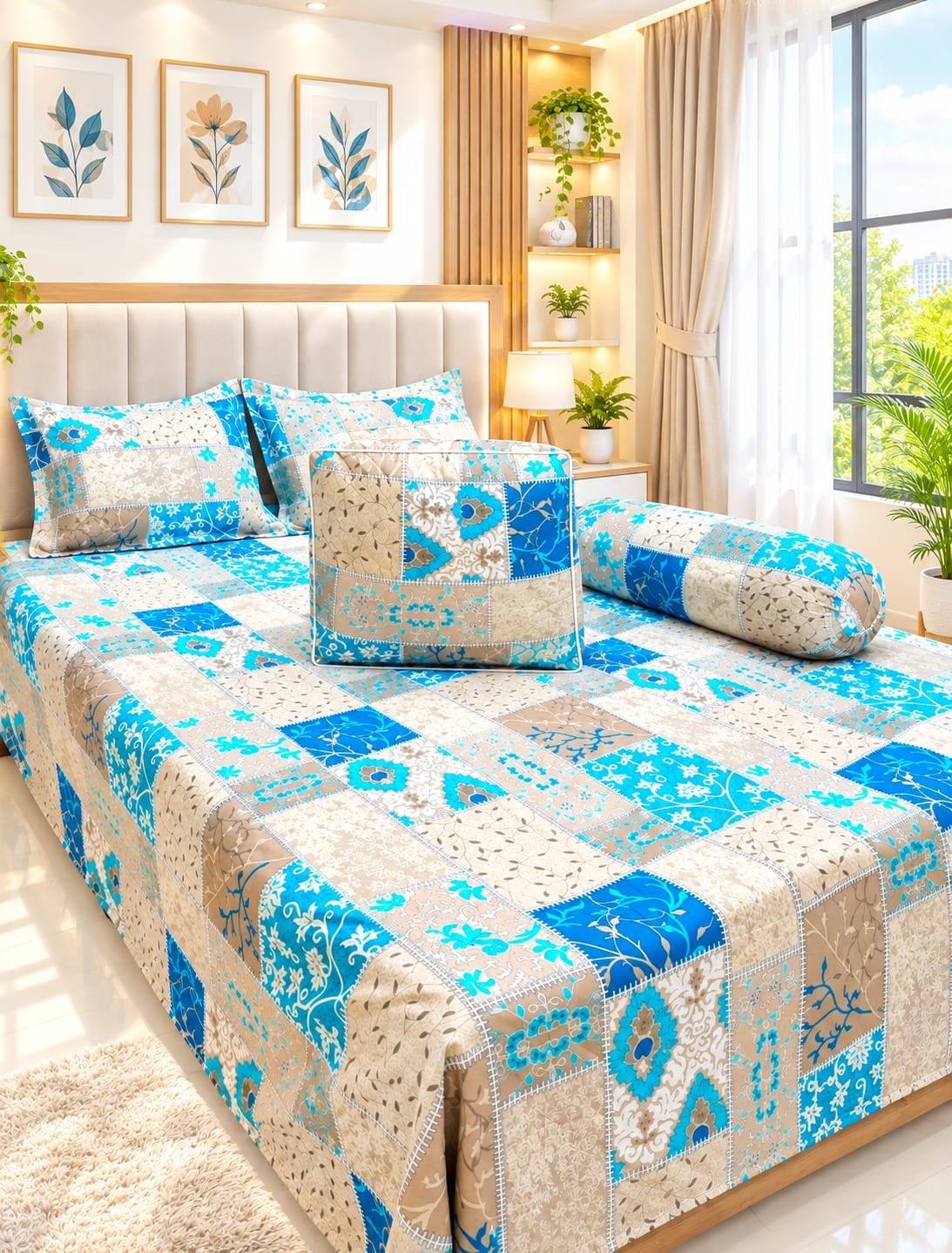 Twill Cotton Comforter Set 5 Pcs – Red Beige Patchwork